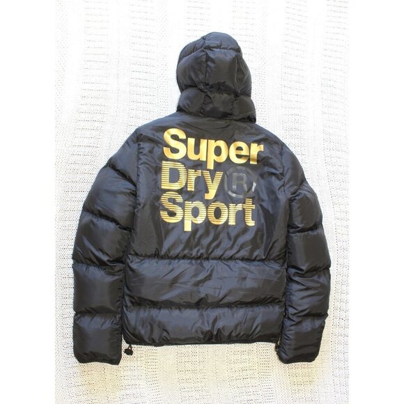 Superdry Unisex Gym Tech Gold Puffa Black Jacket Small Full Zip Pockets Winter - Picture 6 of 10